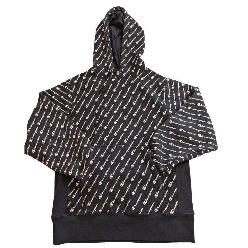 Champion Reverse Weave Hoodie Men‎ Medium Navy Sweater All Over Print Sweatshirt